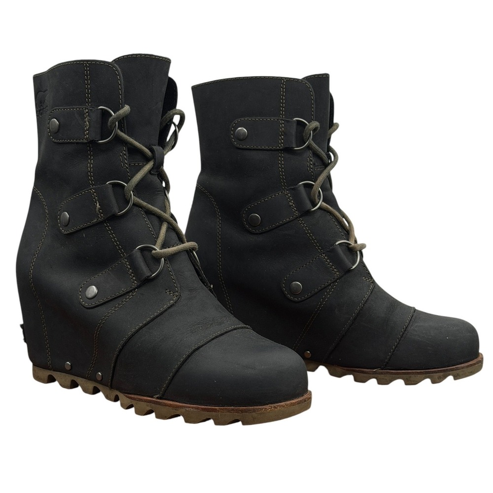 Sorel Joan of Artic Hidden Wedge Boots Women 7 Black Hiking Leather Waterproof